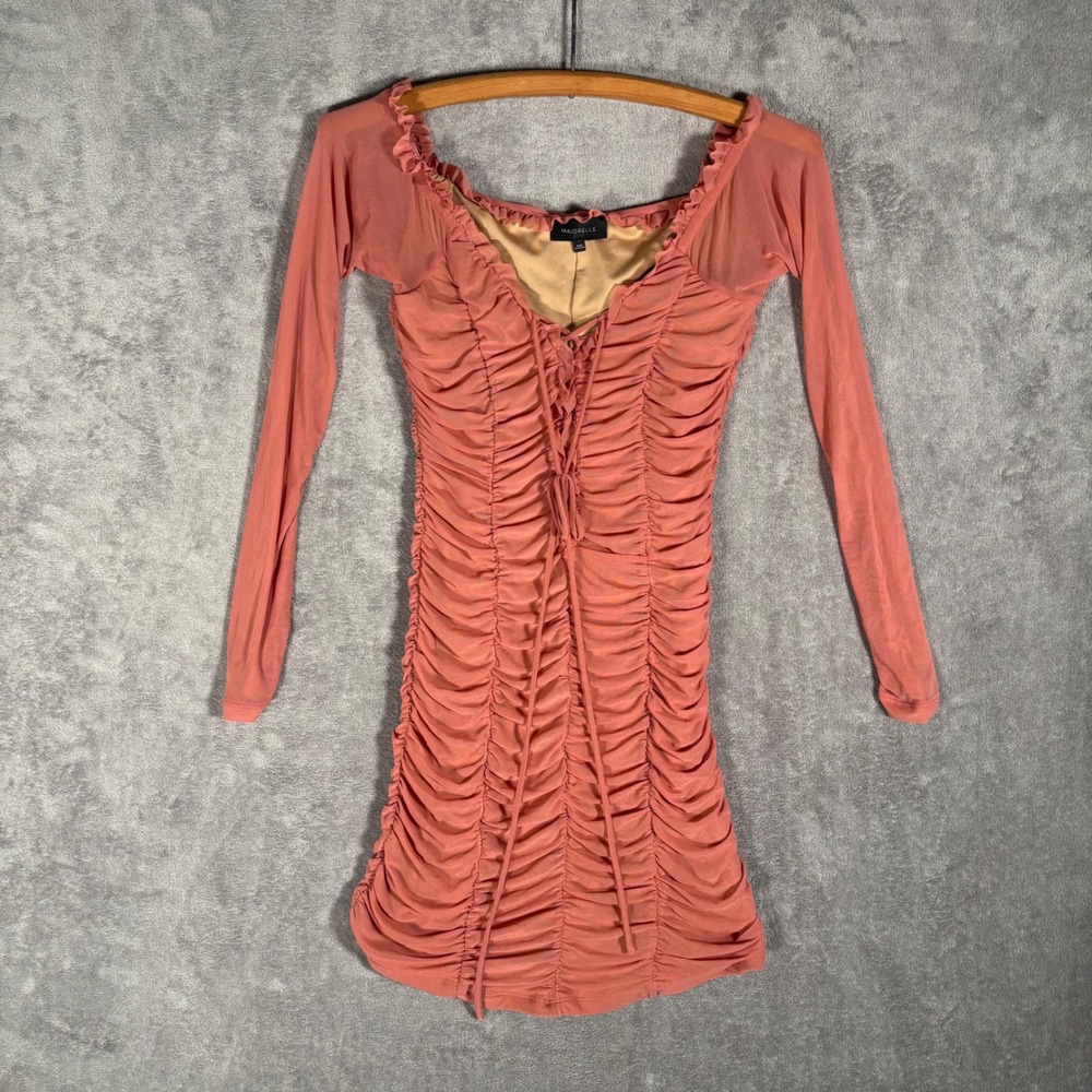 Majorelle Mini Jardin Dress Size S Pink Ruched Mesh Lace Up Long Sleeve Bodycon - Picture 1 of 14